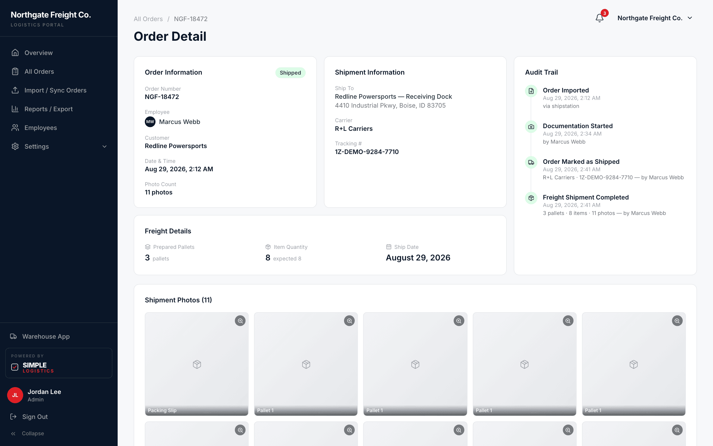 Simple Logistics admin Order Detail page reviewing a completed shipment
