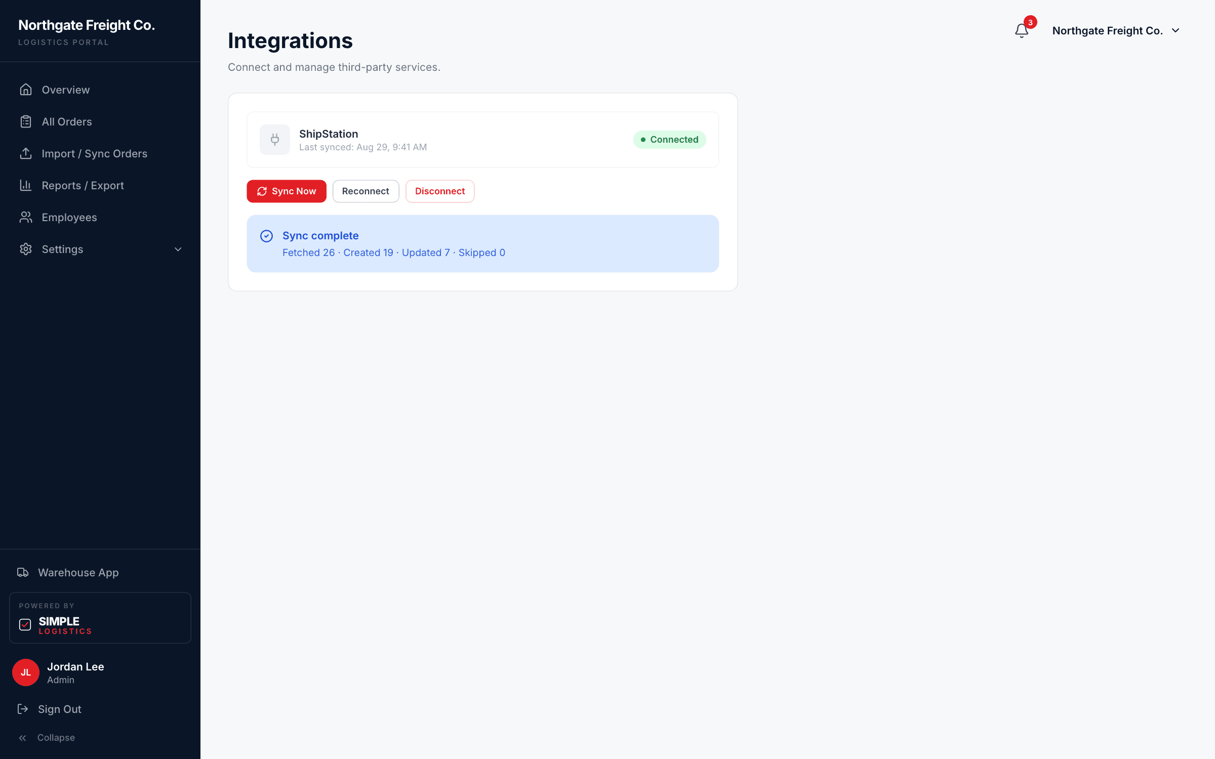 Simple Logistics Settings > Integrations page with ShipStation connected