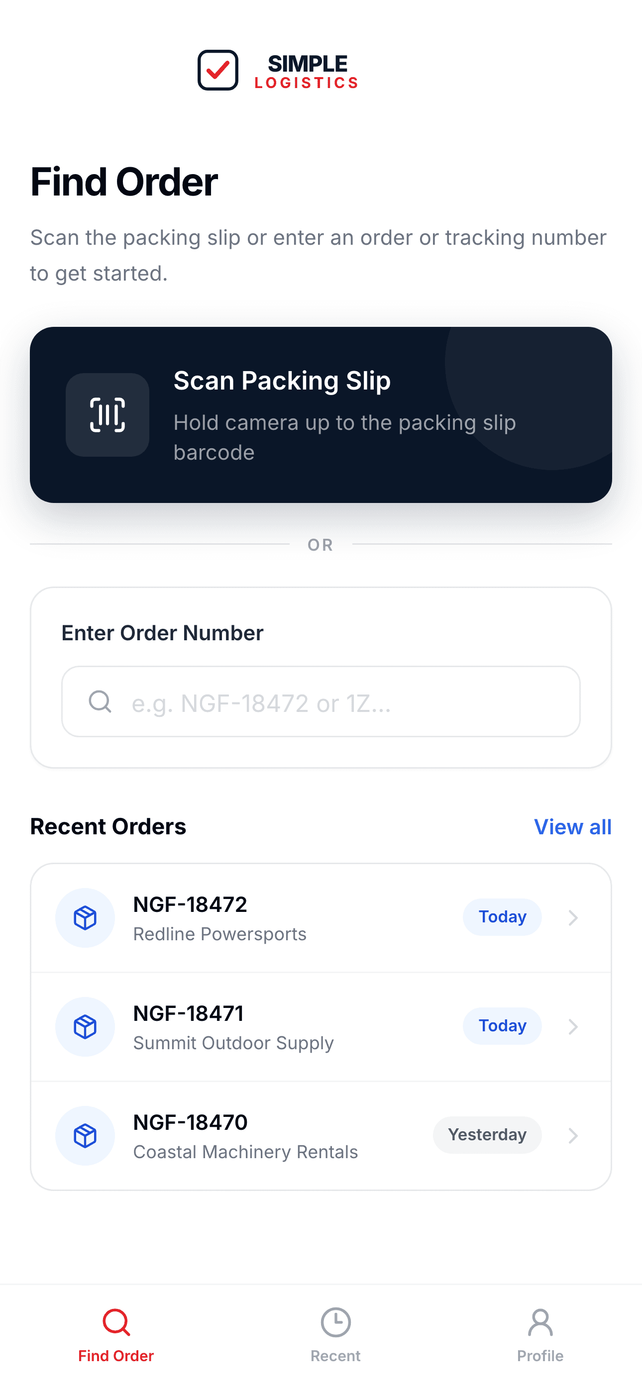 Simple Logistics mobile app Find Order screen, the start of the warehouse employee workflow